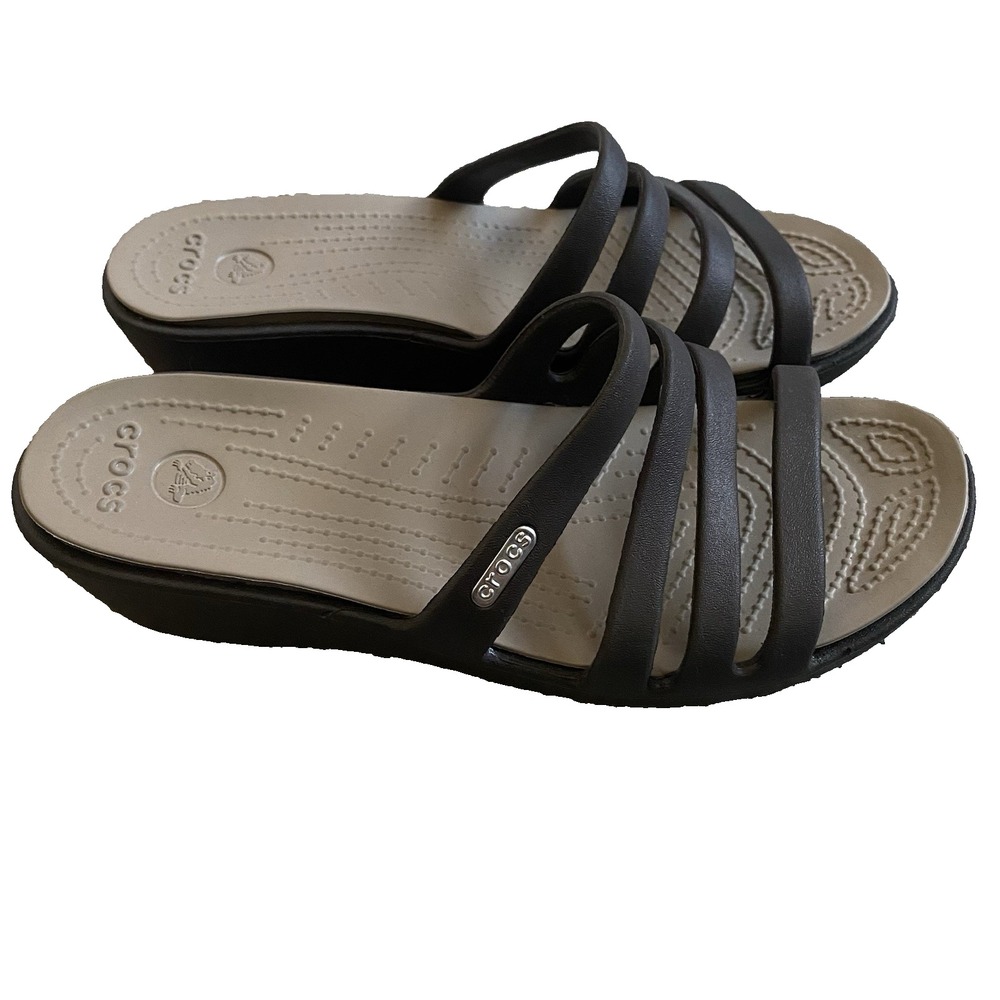 Crocs Rhonda Wedge Sandals Womens 6 Taupe Strappy Comfort Slides Beach Summer